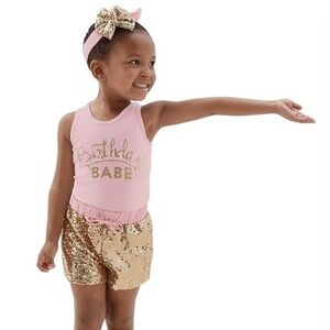 Catpapa 3 Piece Shorts Tank Set 12-18M Pink Gold Sequin Birthday Babe‎ Sparkle